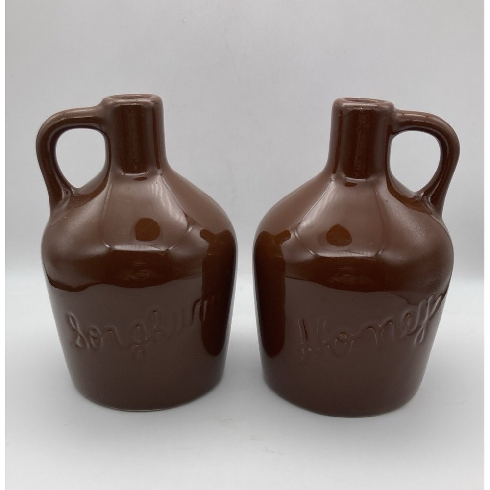 Set Of 2 House Of Webster Glazed Brown Stoneware Jugs Honey And Sorghum  1970's